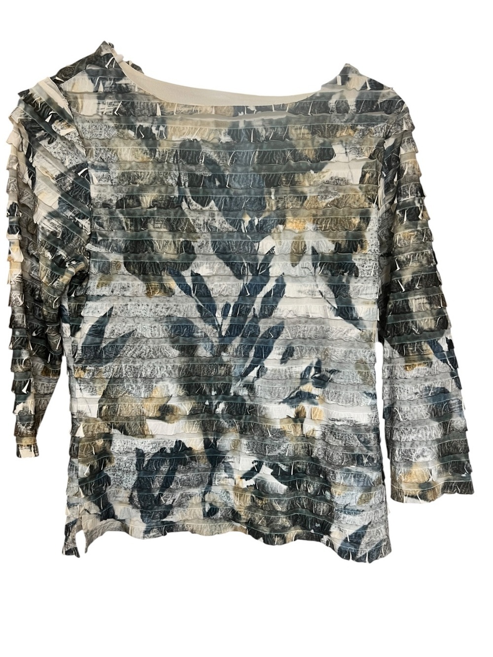 Coldwater Creek Floral Ruffle Stripe Boatneck Top in White, Gray and Cream